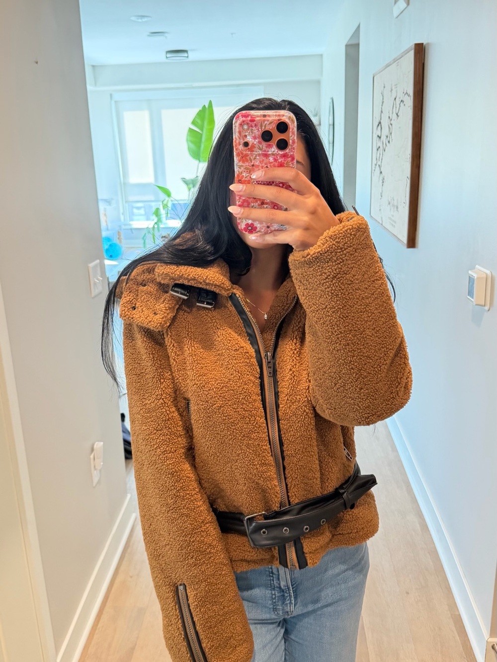 Blank NYC Caramel Brown Teddy Bomber Jacket with Buckle Belt